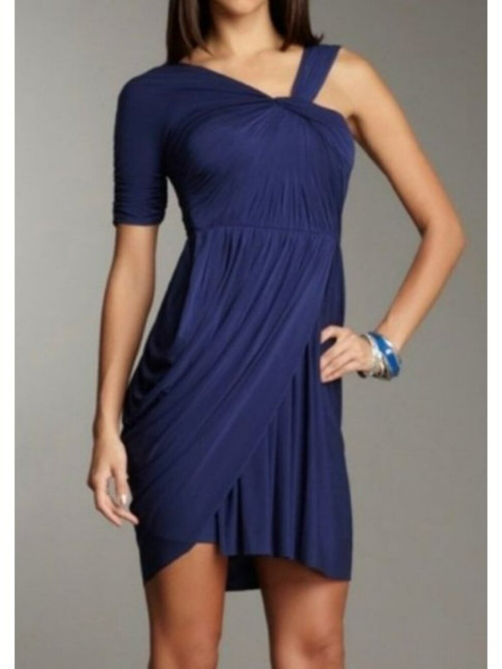BCBGMaxAzria Blue Asymmetric Draped Cocktail Dress Small